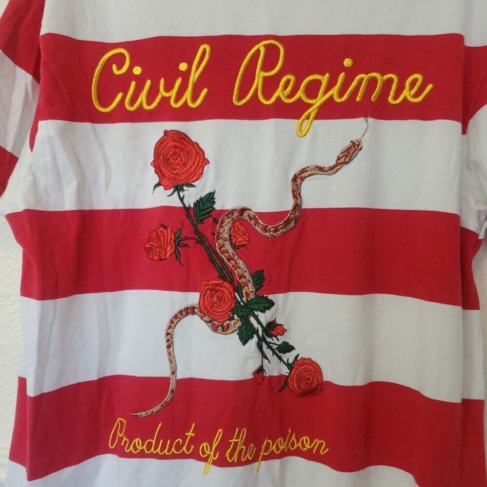 Civil Regime T-Shirt Product of the Poison Red Striped Size M Snake and Rose - Picture 2 of 14